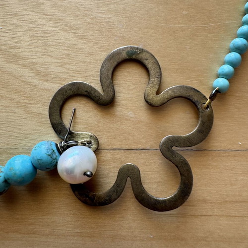 Boho Turquoise Beaded Necklace with Pearl Pendant like new