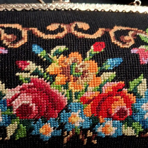 Vintage Handbag 1950 with Petit Point Embroidery like new, black
