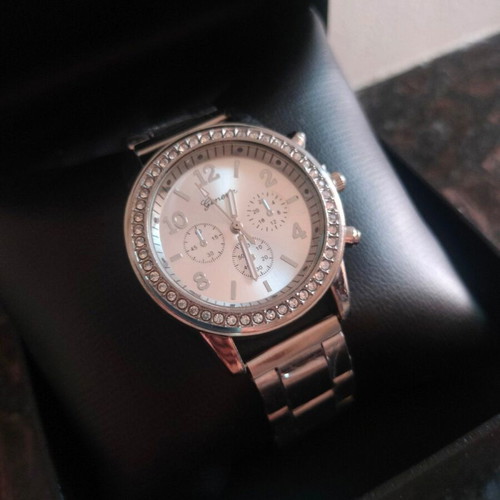 Geneva women's silver watch with metal bracelet