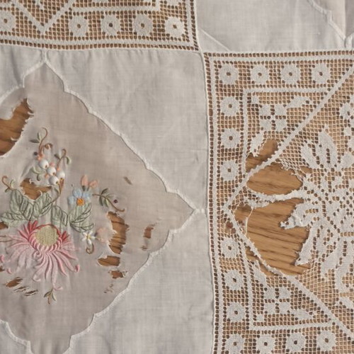 Vintage 1980s embroidered tablecloth used, fabric for upcycling