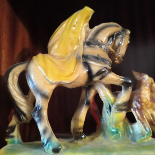 Vintage figurine romantic couple on horse mid-century ceramic