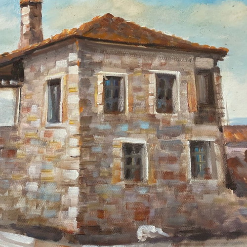 Artwork on canvas with stone house theme like new