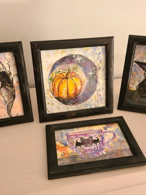 Halloween handmade artwork set with 4 small frames, new