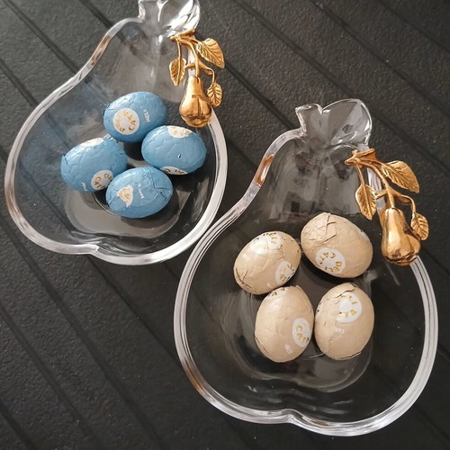 Vintage glass bowls shaped like pears with brass fruit detail, like new