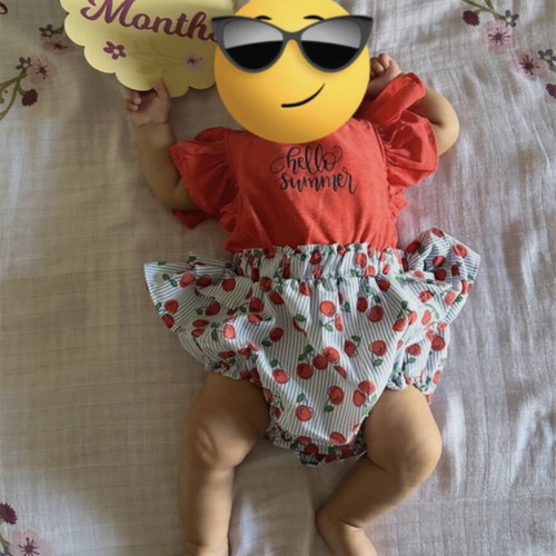 Baby romper like new with ruffles and cherry print, size 1-3 months