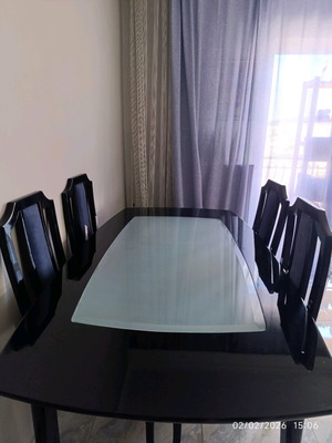 Dining set used black lacquer with 6 chairs and coffee table