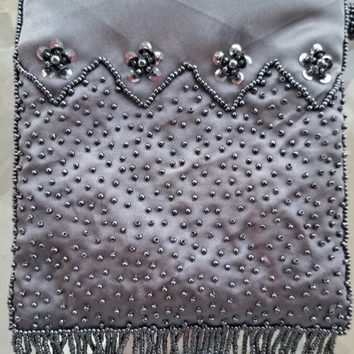 Vintage grey satin evening bag embroidered with beads, 14x15 cm