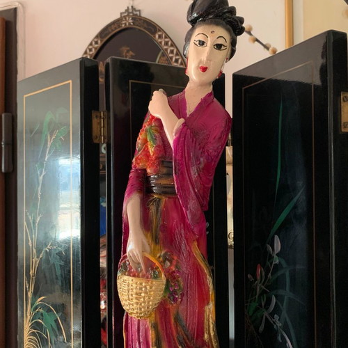 Asian Geisha Statue used, large hand-painted ceramic