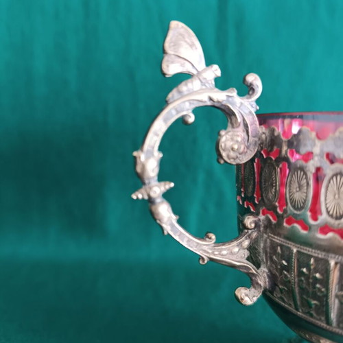 Vintage silver-plated Art Nouveau sugar bowl with blown red glass insert like new