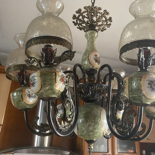 Vintage 6-Light Brass Chandelier with Handmade Porcelain, Like New
