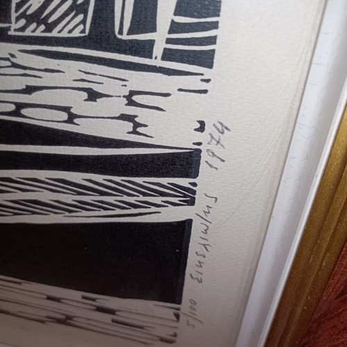 Sikeliotis woodcut "Village in Wales" 1974 used