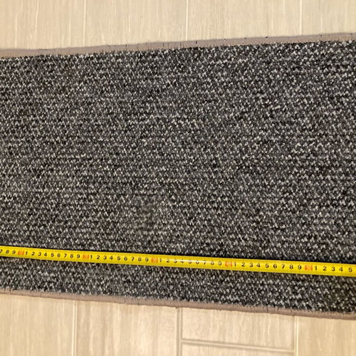 Set of 2 white curtains with gold thread squares and gray rug used