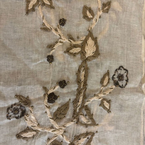 Massimo Dutti Linen Scarf with Embroidery new, beige and gold