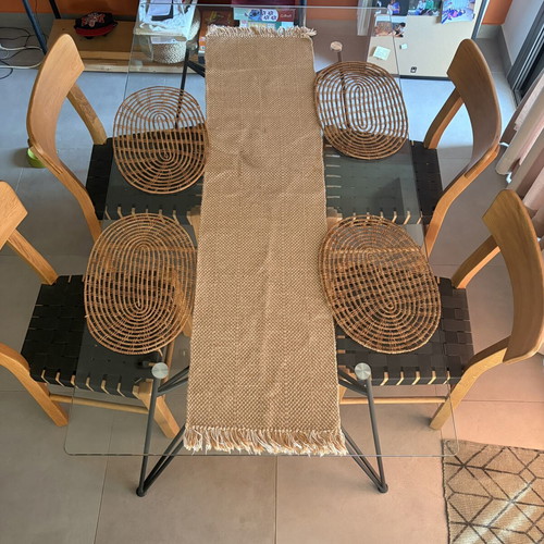 Modern glass dining table with black metal legs, like new