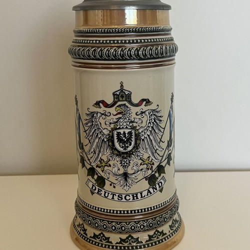 German Beer Stein handmade, like new, with pewter lid and imperial emblem