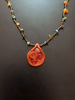 Handmade vintage necklace with natural stones and ceramic pendant like new