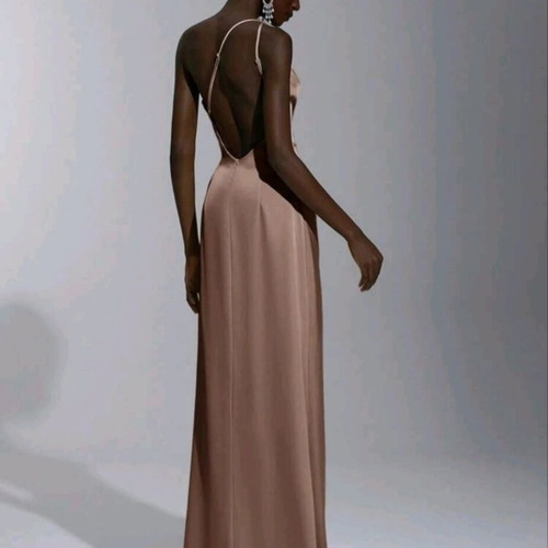 Satin dress Shein new, brown, side slit and open back, size M
