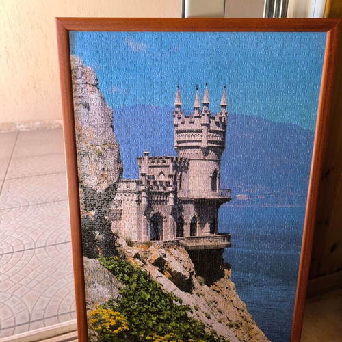 Puzzle framed landscape picture like new, wooden frame