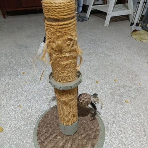 Cat scratching post with toy used, sisal rope, stable base