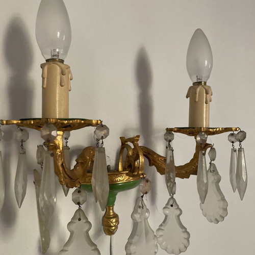 Classic vintage wall sconce with two lights, brass and crystals, like new, set of 2