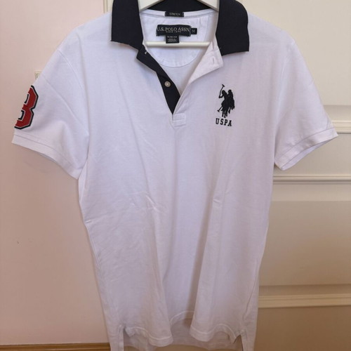 U.S. Polo Assn. Polo Shirt white with dark blue collar like new, medium