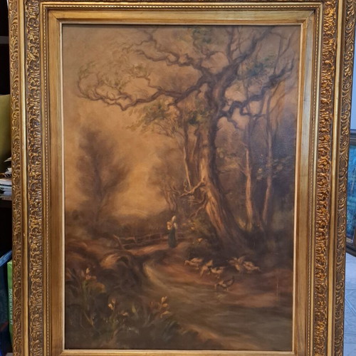 Vintage oil painting landscape in forest with golden carved frame used