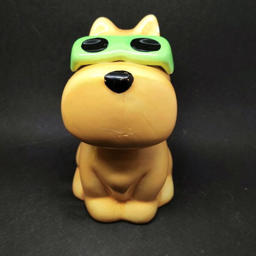 Ceramic dog piggy bank used, orange with sunglasses