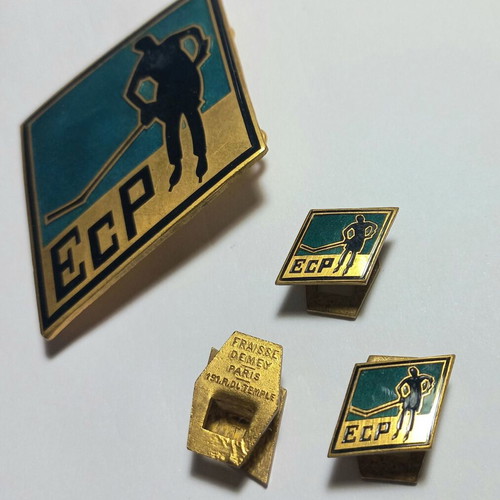 Set of vintage sports enamel pins with ice hockey theme, used