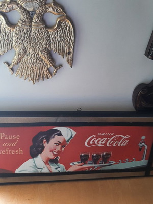 Coca Cola advertising sign used, print on canvas with wooden frame