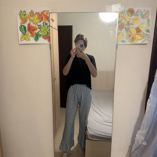 Shein checked loose-fitting pants, white and blue, XS
