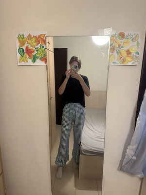 Shein checked loose-fitting pants, white and blue, XS