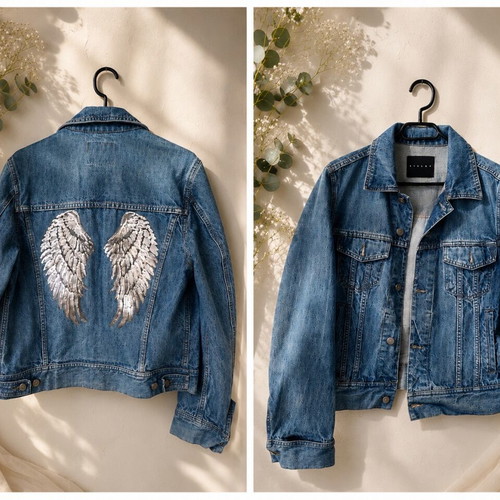 Sisley denim jacket size M like new with angel wings applique