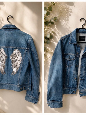 Sisley denim jacket size M like new with angel wings applique