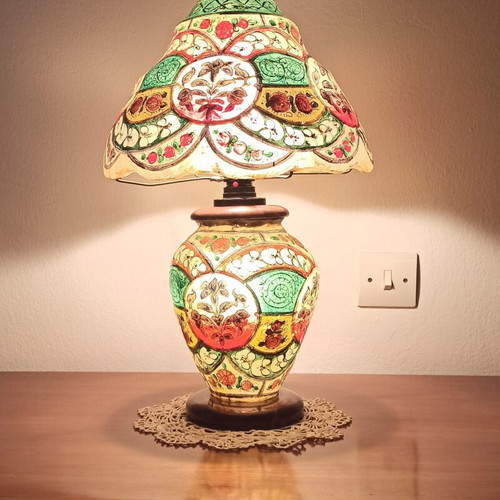 Vintage table lamp handmade from camel leather and wood, used