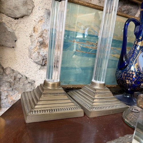 Candlesticks pair with brass and plexi like new, Corinthian style