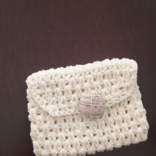White Boho Handmade Crochet Pouch with Button Closure