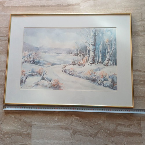 Watercolor painting winter landscape with gold frame, new