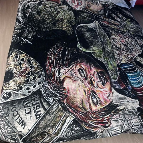 Vintage horror blanket used with graphic print, large 2x2.2m