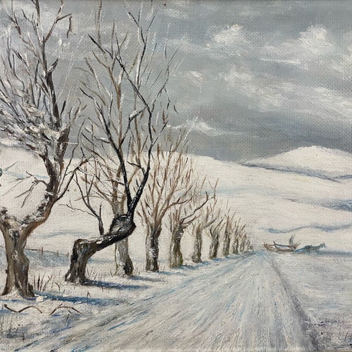 Oil painting used snowy landscape with frame and linen mat