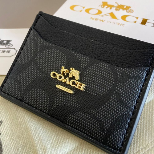 Coach card holder wallet, black and grey signature canvas