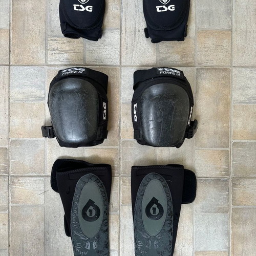 TSG Milford elbow pads, TSG Force III knee pads and SIXSIXONE Veggie shin guards L used