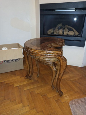 Wooden carved tables like new, set of 3 with unique shape
