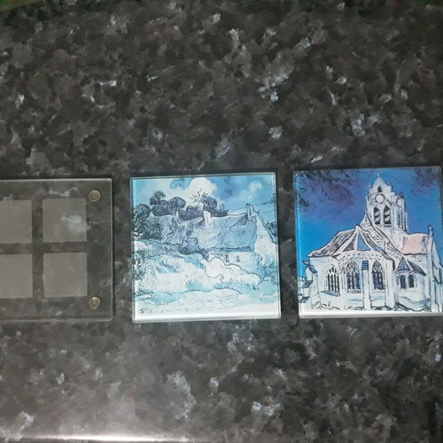 Glass square coasters with design, pack of 3, like new