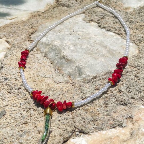Handmade Valkyrie terrarium necklace with pearl and red coral new