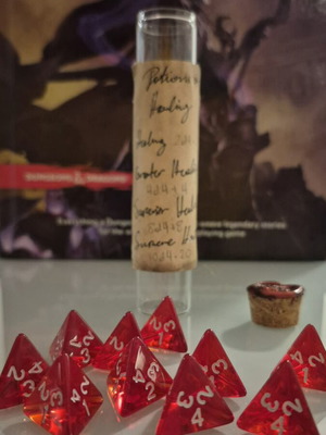DnD healing potion bottle with 10 red tetrahedral dice