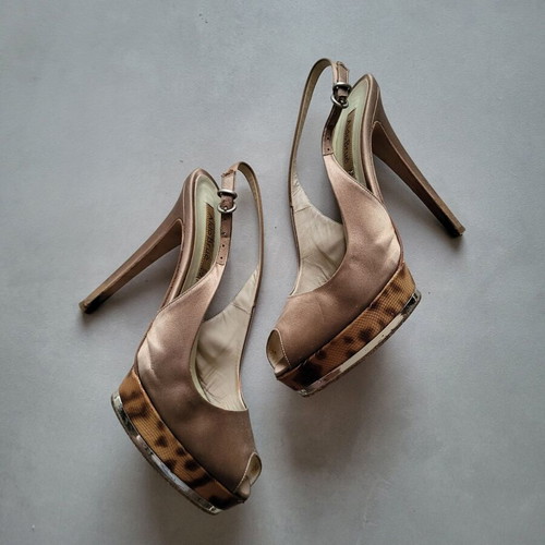 AldoBrue satin peep toe pumps used, size 38, brown with snake skin