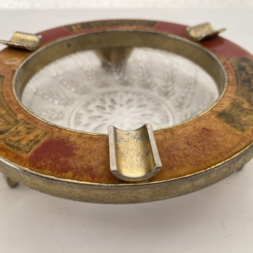 Vintage ashtray used, solid aluminum gold color with glass