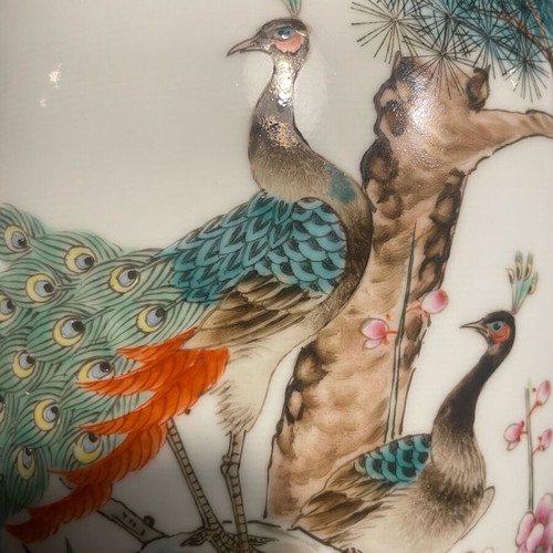 Chinese Famille Rose vase like new, 20th century with peacock and peony branch