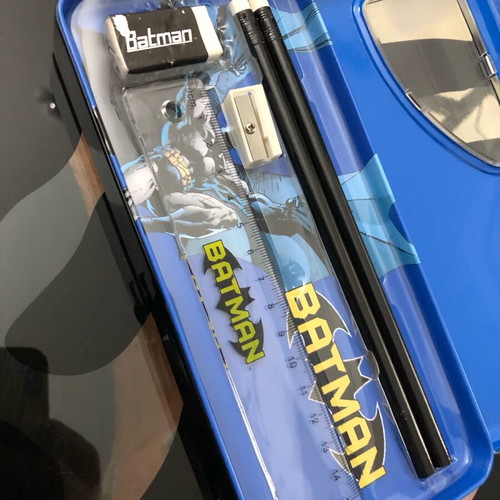 Batman by Jim Lee school set tin case pencils ruler sharpener eraser new DC Comics