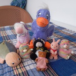 Set of eight retro plush toys, classic fuzzy figures from the 80s